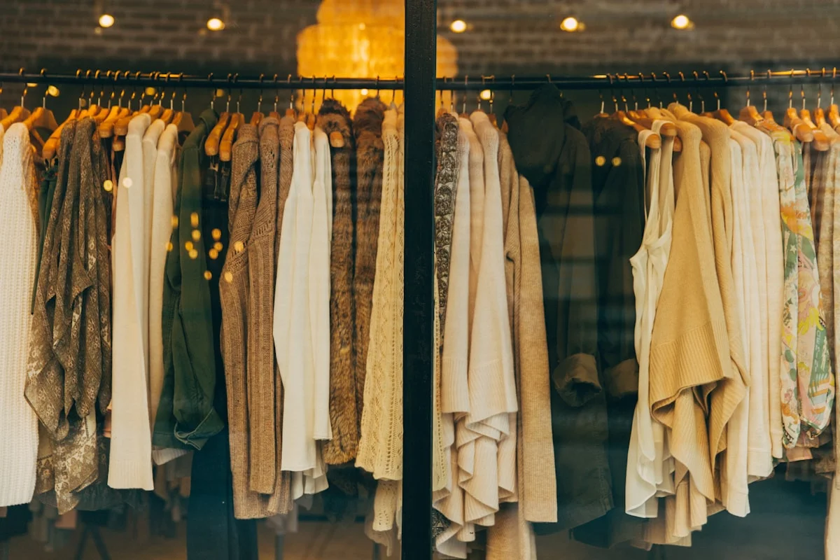 Clothing collections displayed in a warmly lit retail store