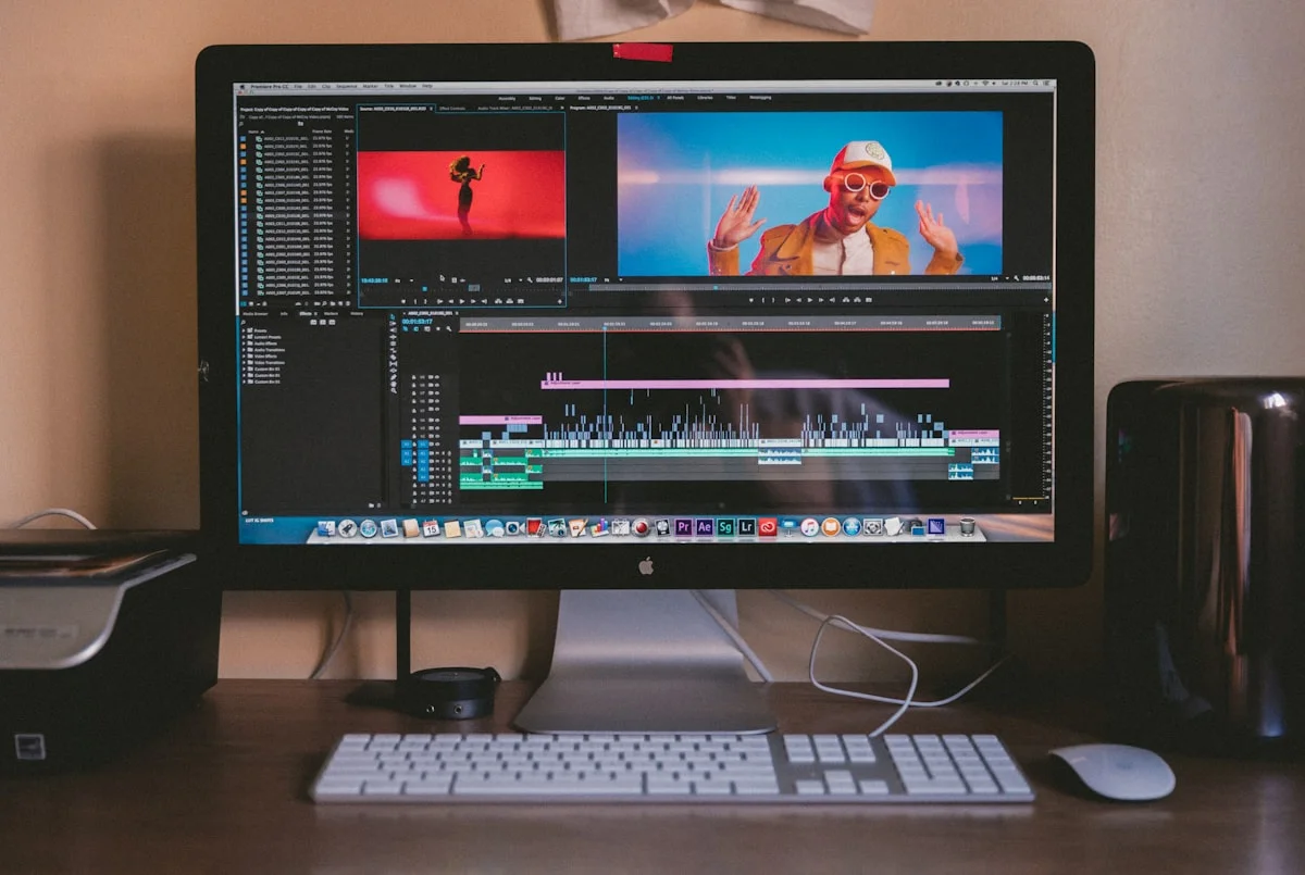 Video editing workstation with a production timeline and preview screens